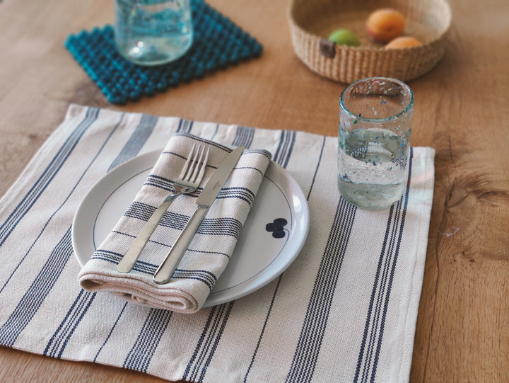 Stoffserviette gewebt TSIAME (naturweiß, royal blau) - 2er Set