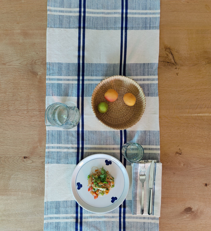 Tischläufer gewebt ANLOGA (naturweiß, royal blau)