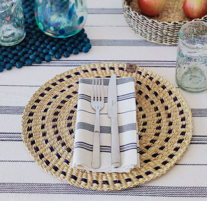 Stoffserviette gewebt TSIAME (naturweiß, royal blau) - 2er Set