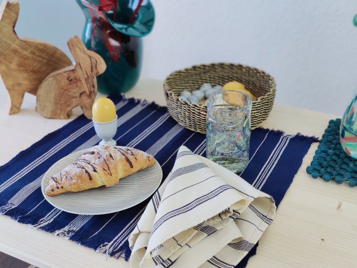 Stoffserviette gewebt TSIAME (naturweiß, royal blau) - 2er Set