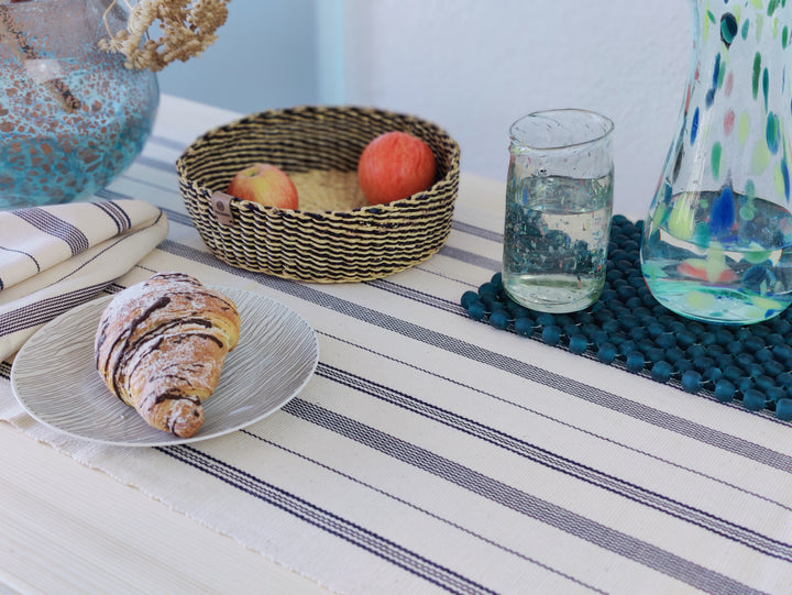 Tischläufer gewebt TSIAME (naturweiß, royal blau)