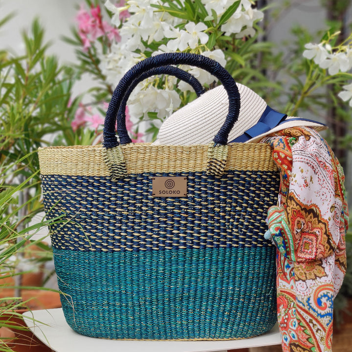 Basket bag Delali (natural, blue chequered, turquoise)