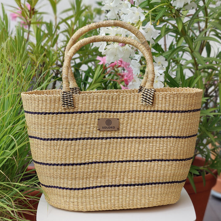 Basket bag Dela (dark blue striped, natural)