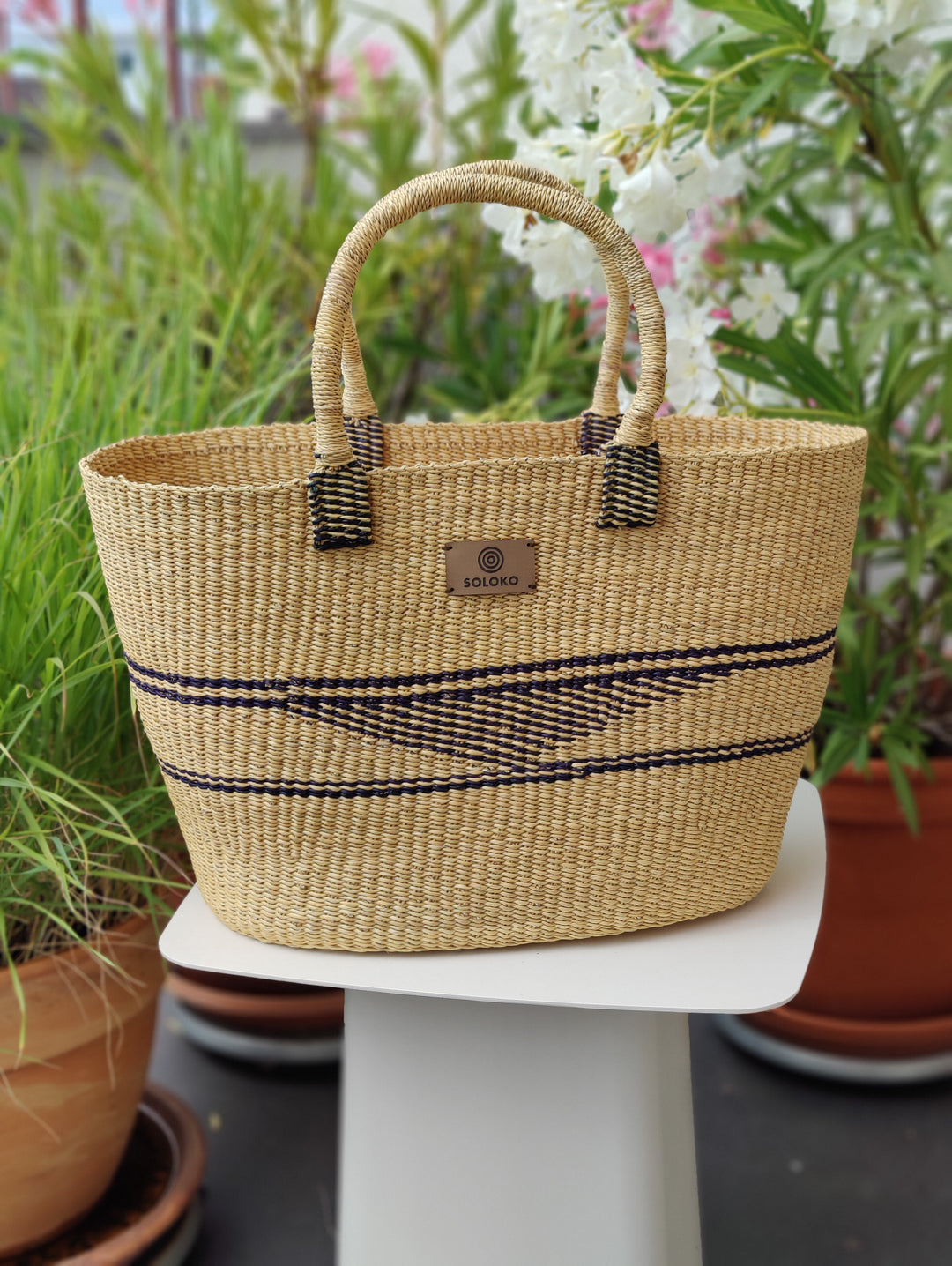 Basket bag Dela (dark blue rhombus, natural)