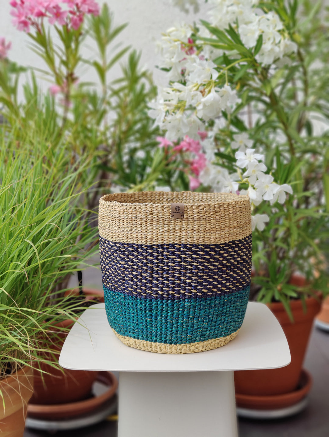 Storage basket Nuna (natural, blue chequered, turquoise)