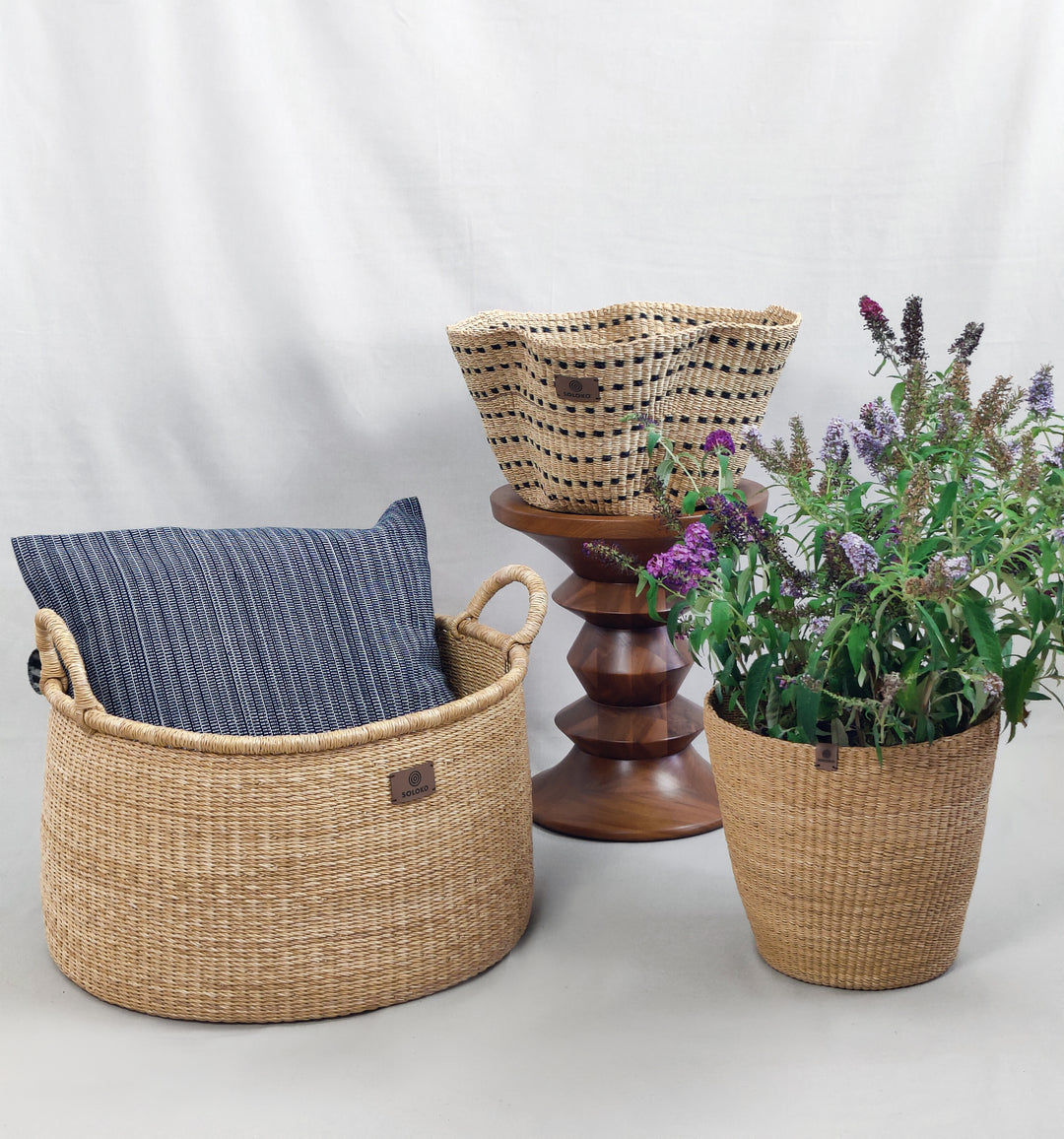 Storage basket Sitso (nature, blue chequered)