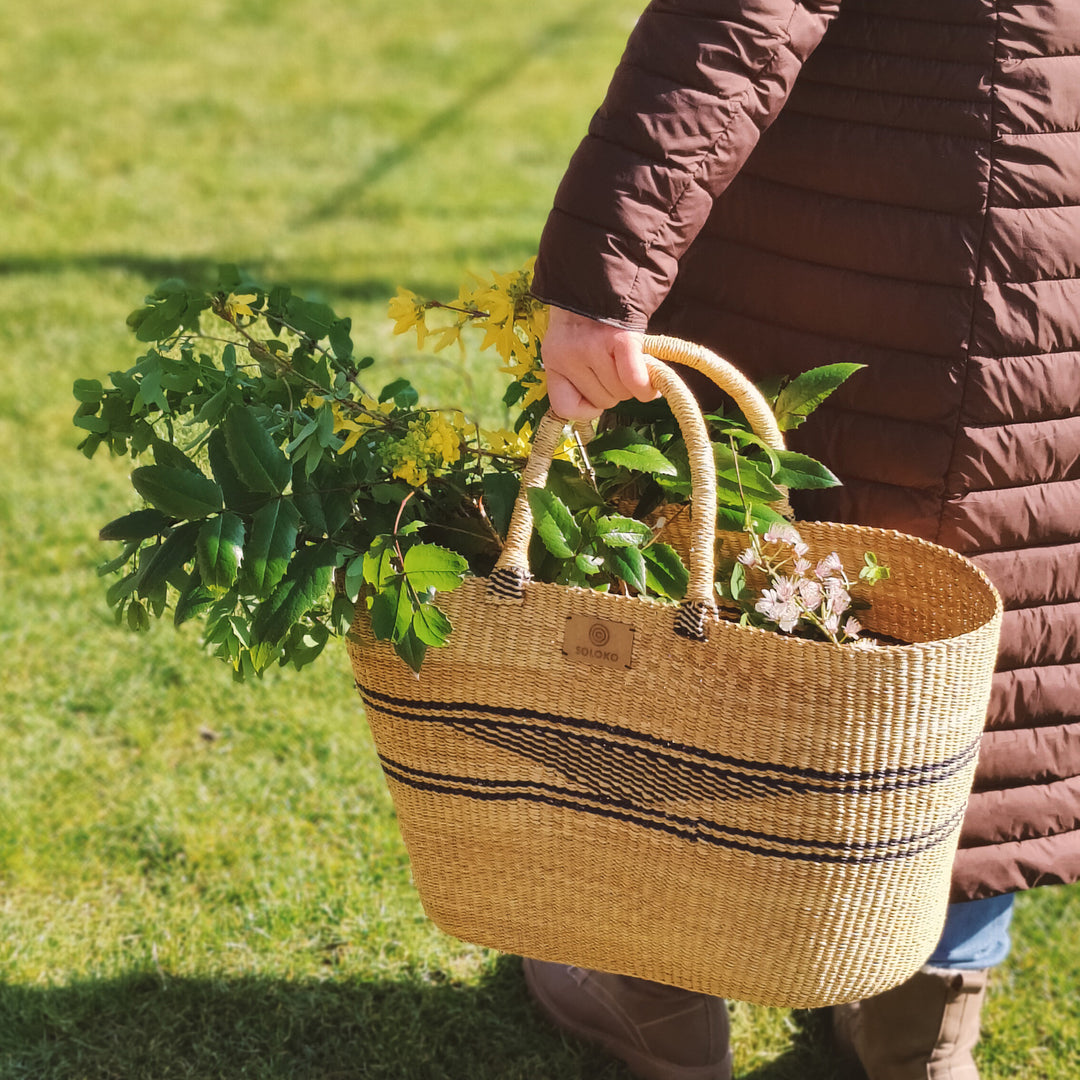 Basket bag Dela (dark blue rhombus, natural)