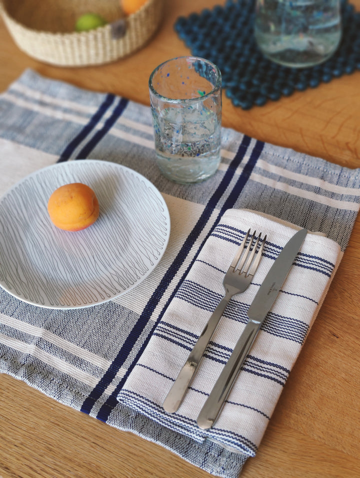 Napkin handwoven TSIAME (off-white, royal blue) - Set of 2