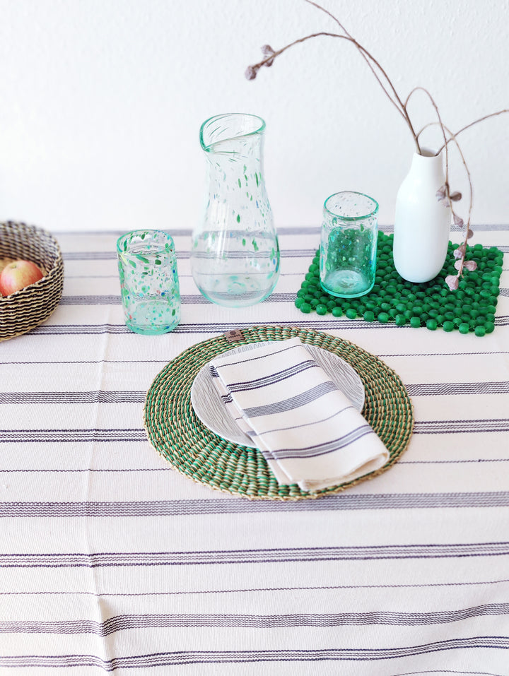 Handwoven Cotton Tablecloth TSIAME (beige & royal blue stripes)