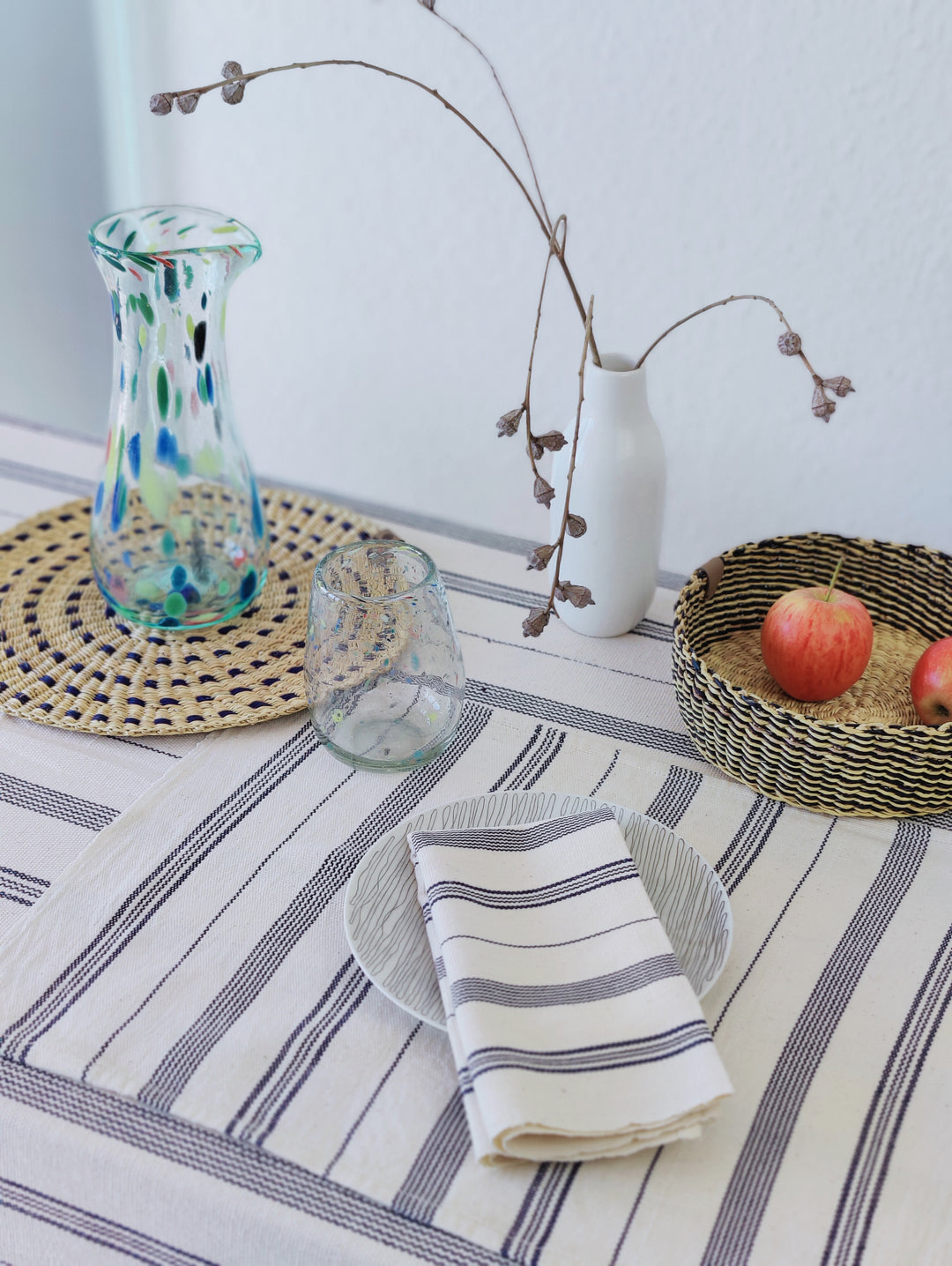 Stoffserviette gewebt TSIAME (naturweiß, royal blau) - 2er Set