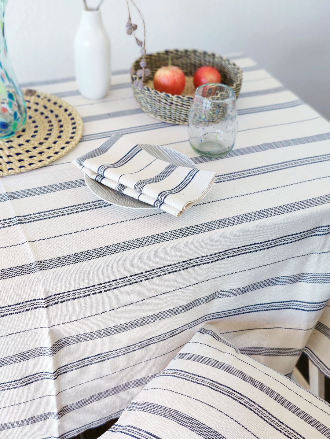 Handwoven Cotton Tablecloth TSIAME (beige & royal blue stripes)