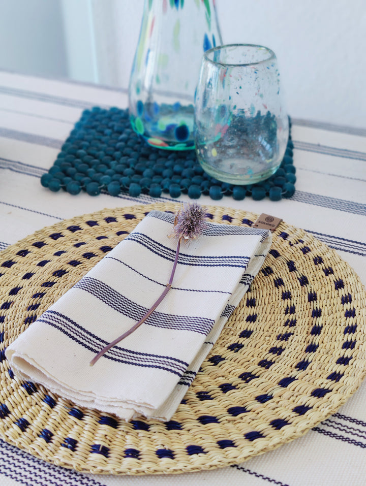 Stoffserviette gewebt TSIAME (naturweiß, royal blau) - 2er Set