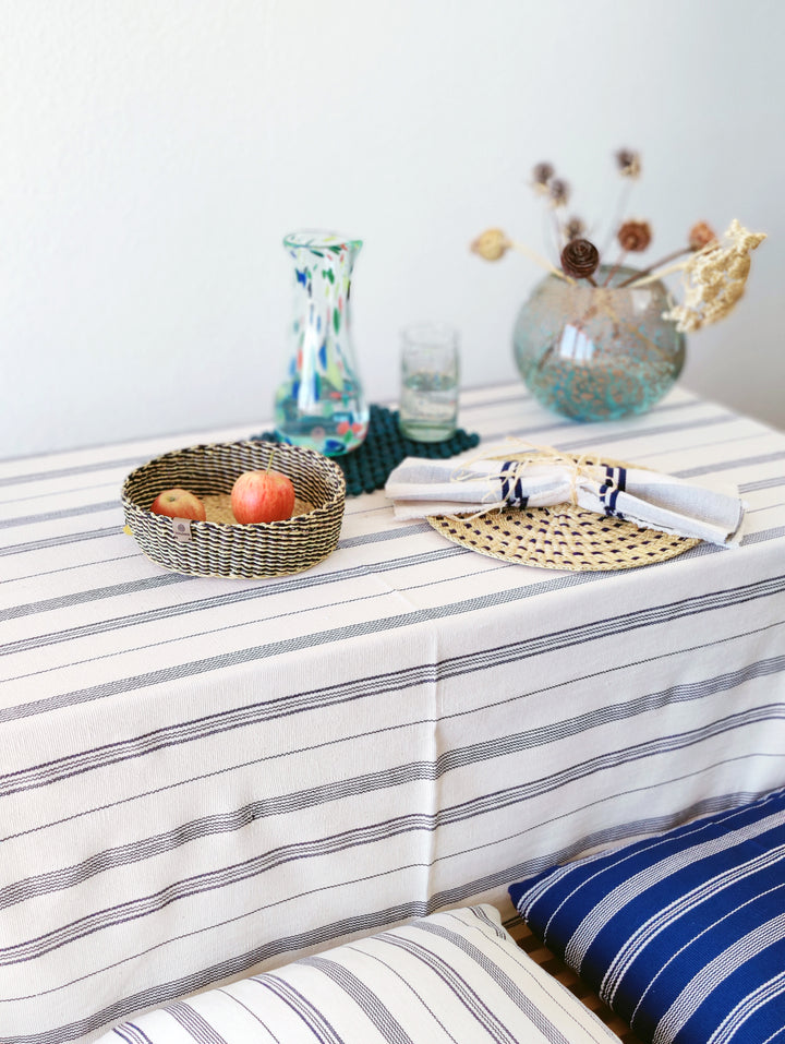Handwoven Cotton Tablecloth TSIAME (beige & royal blue stripes)