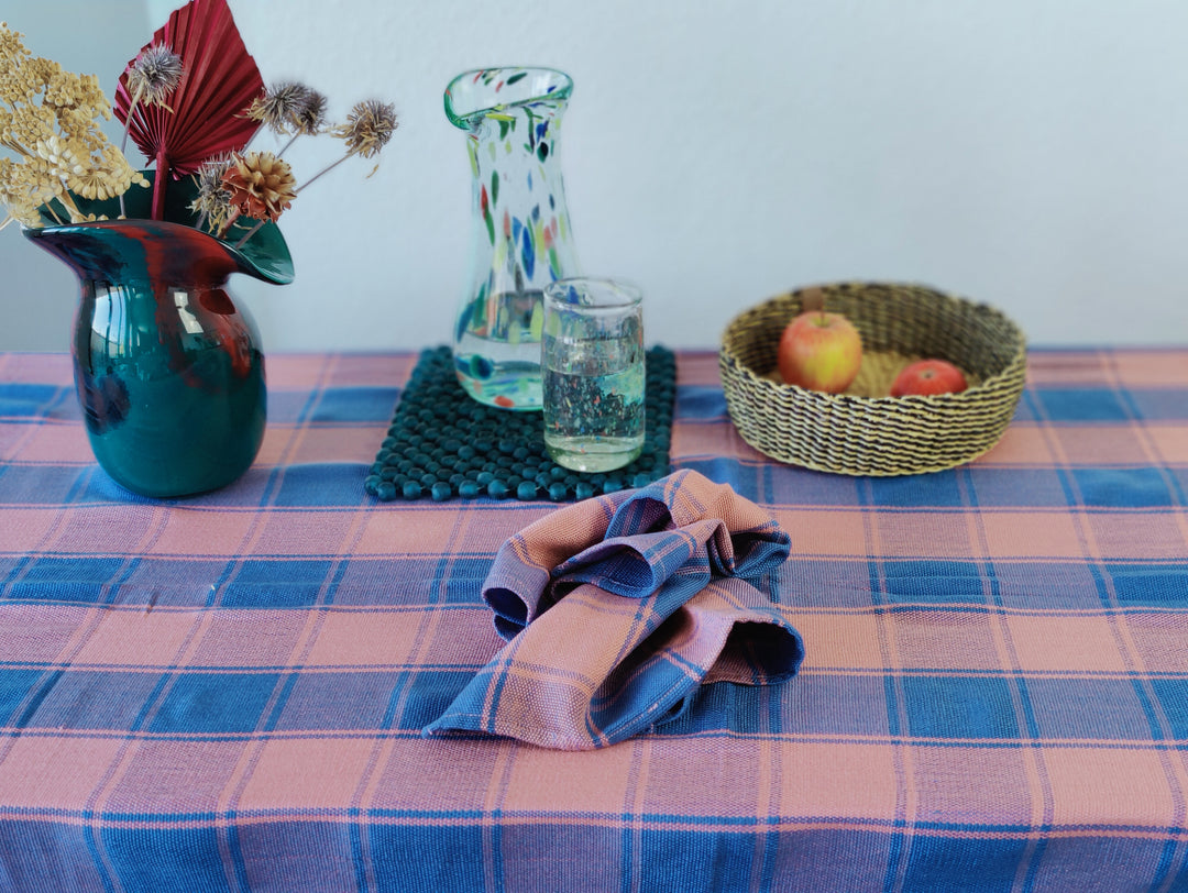 Handwoven Cotton Tablecloth KEVI (skyblue, rose)