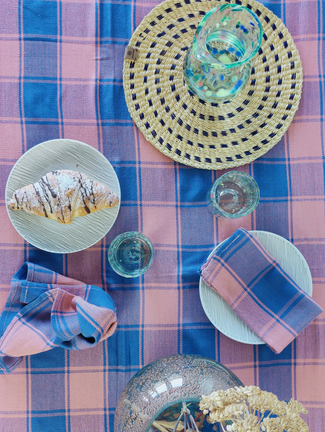 Handwoven Cotton Tablecloth KEVI (skyblue, rose)