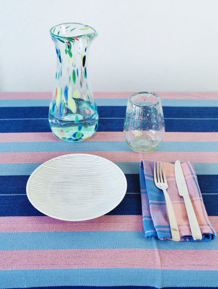 Handwoven Cotton Tablecloth DORVEME (Royal Blue, Baby Grey Blue & Rose)