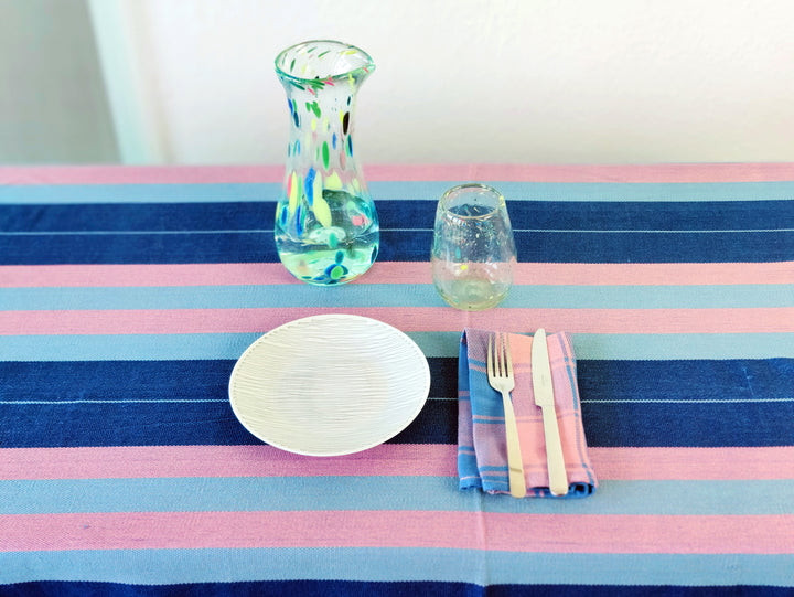 Handwoven Cotton Tablecloth DORVEME (Royal Blue, Baby Grey Blue & Rose)
