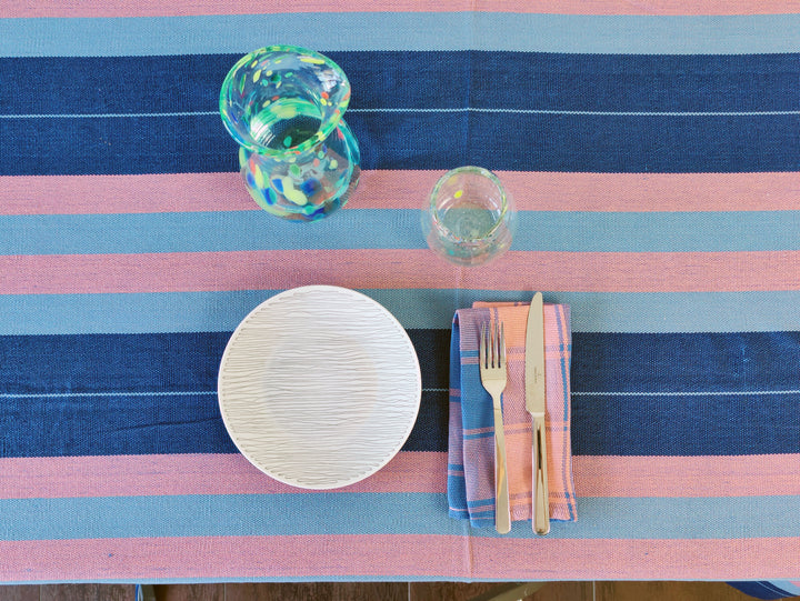 Handwoven Cotton Tablecloth DORVEME (Royal Blue, Baby Grey Blue & Rose)