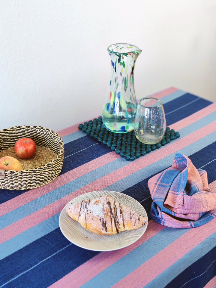 Handwoven Cotton Tablecloth DORVEME (Royal Blue, Baby Grey Blue & Rose)