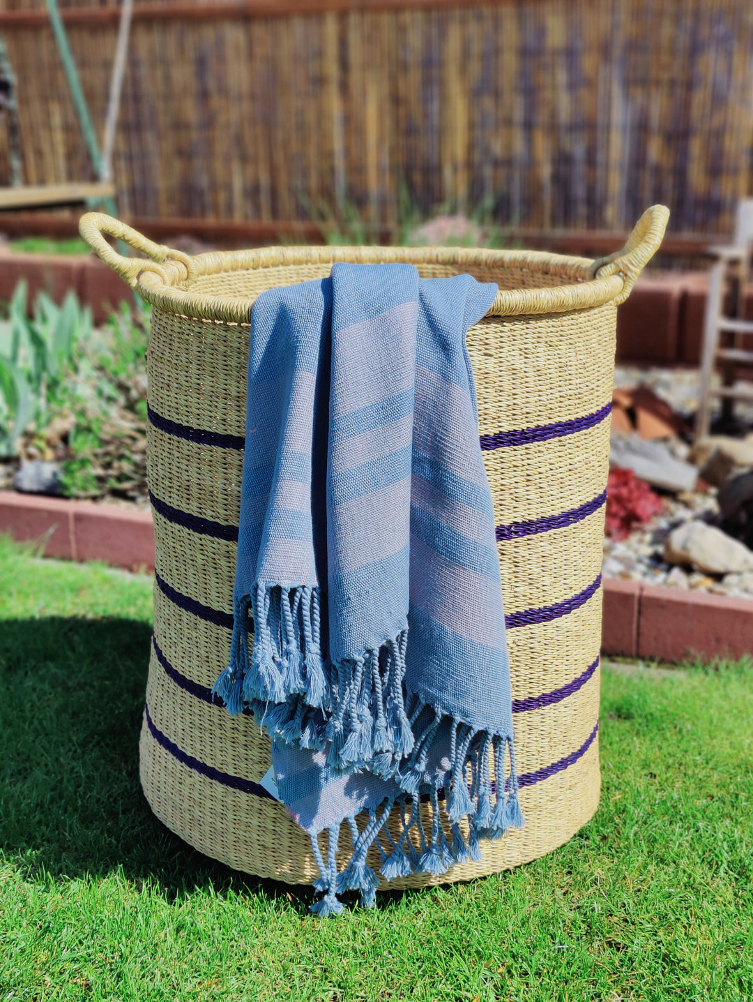 Storage Basket Enyo high (nature, dark blue striped)