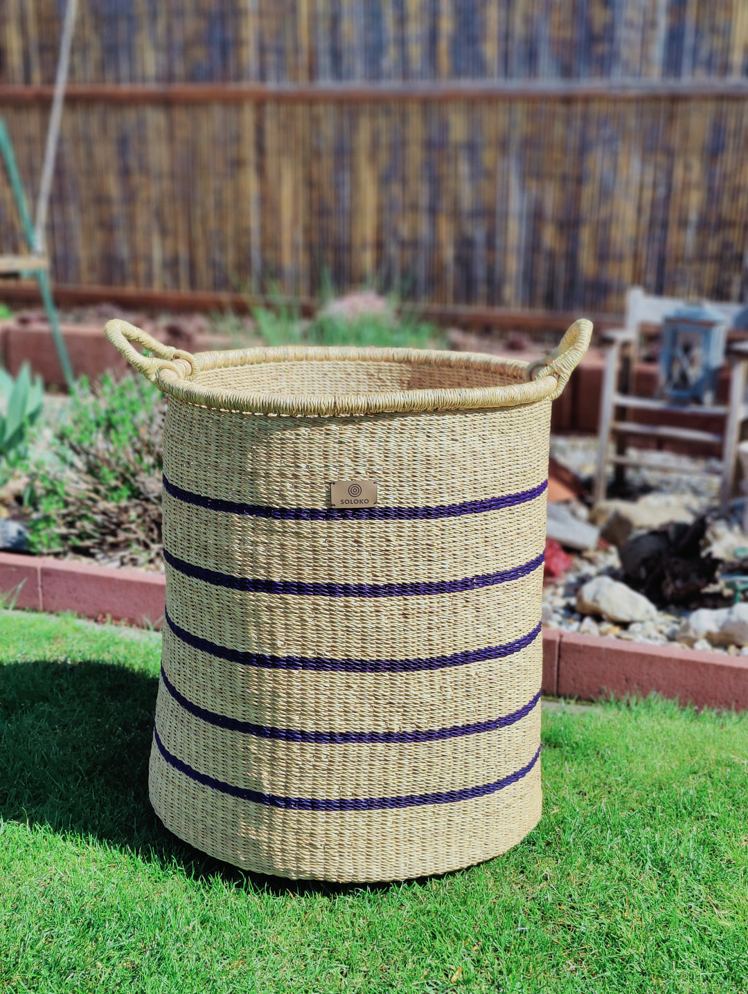 Storage Basket Enyo high (nature, dark blue striped)