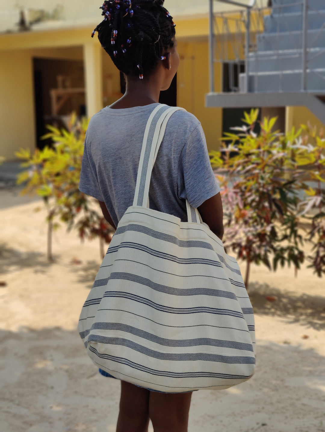 Tote Bag Large Cotton TSIAME (beige / royal blue)