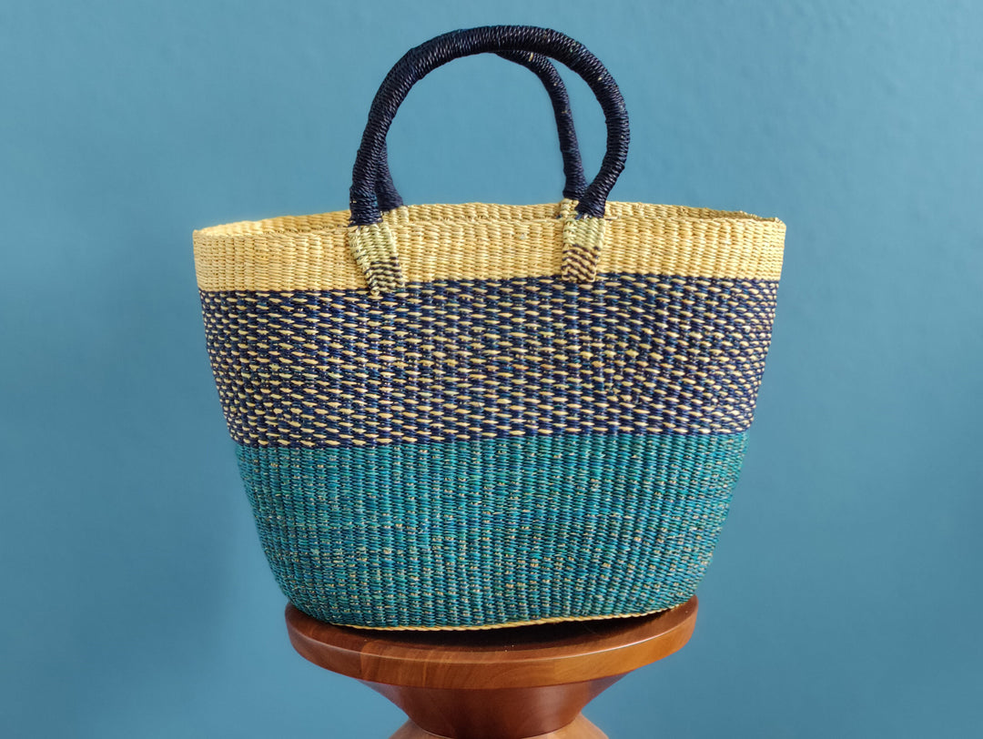 Basket bag Delali (natural, blue chequered, turquoise)