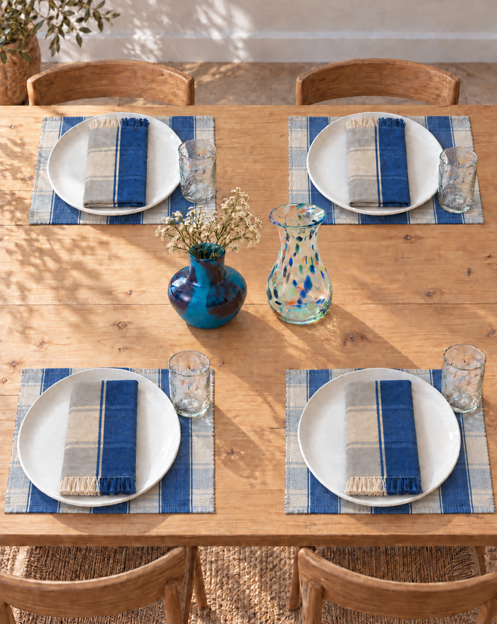 Handgewebtes Platzset KEVI (naturweiß, himmelblau)