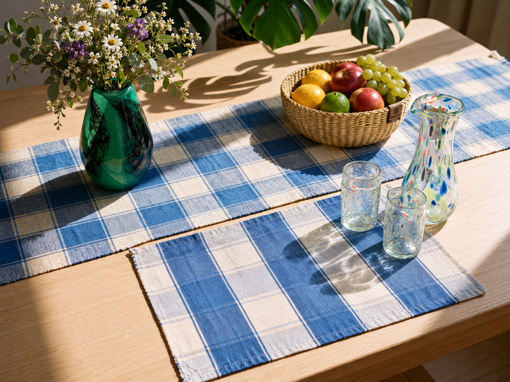 Handgewebtes Platzset KEVI (naturweiß, himmelblau)