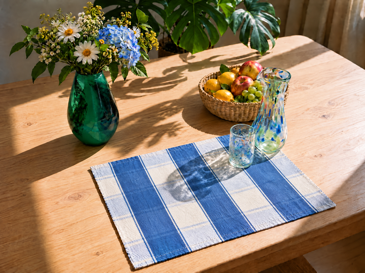 Handgewebtes Platzset KEVI (naturweiß, himmelblau)