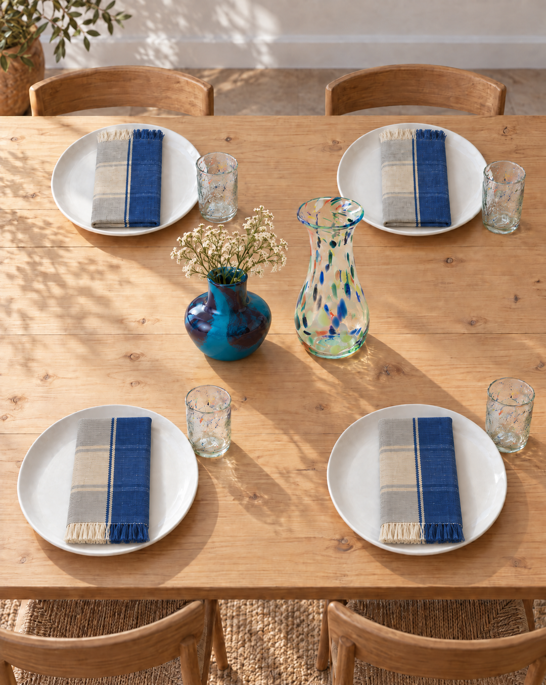 Stoffserviette gewebt KEVI (naturweiß, himmelblau) - 2er Set