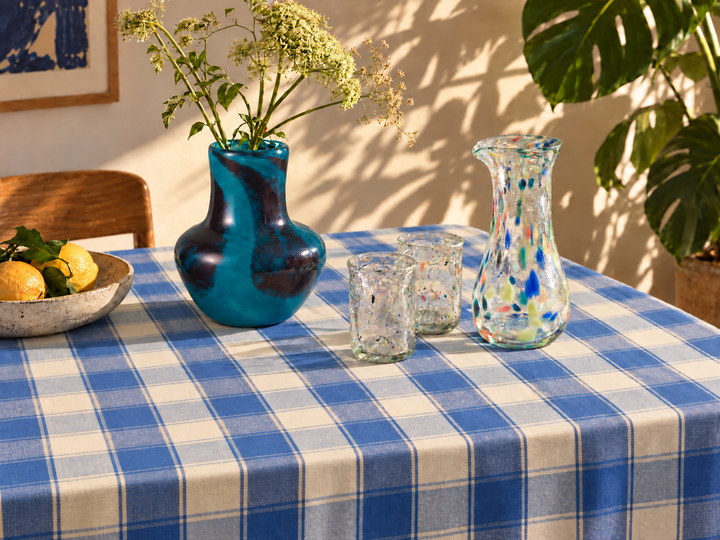 Handgewebte Baumwoll-Tischdecke KEVI (himmelblau, naturweiß)