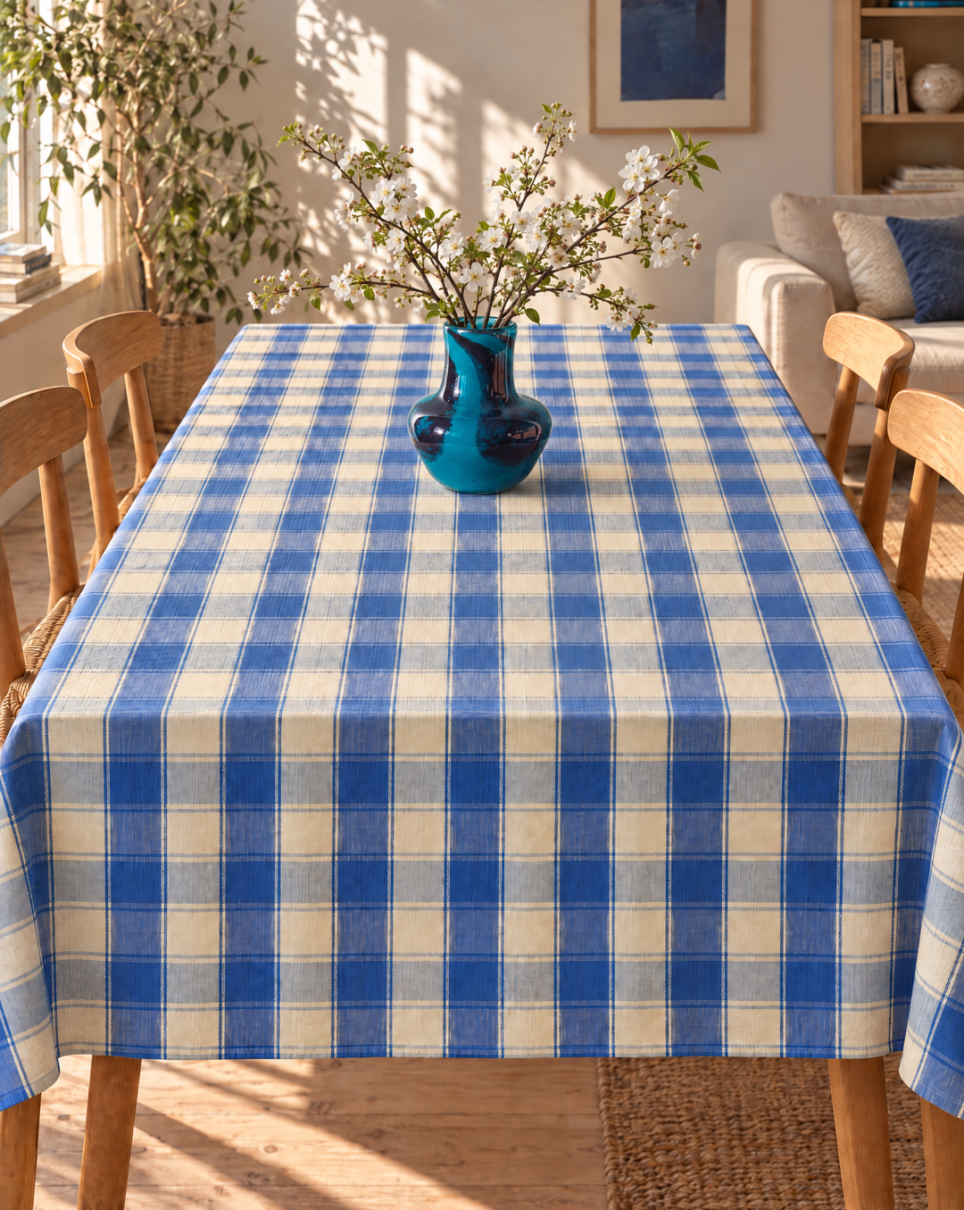 Handgewebte Baumwoll-Tischdecke KEVI (himmelblau, naturweiß)
